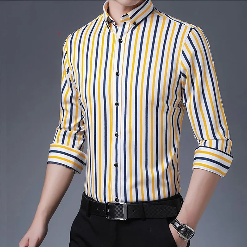 2024 New Spring and Autumn Fashion Trend Korean Edition Slim Fit Flip Collar Stripe Casual Business Long Sleeved Shirt for Men