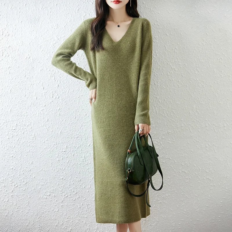 

Осень/зима 2023, новое однотонное шерстяное трикотажное платье с v-образным вырезом, женский свободный пуловер средней длины, простая нижняя юбка