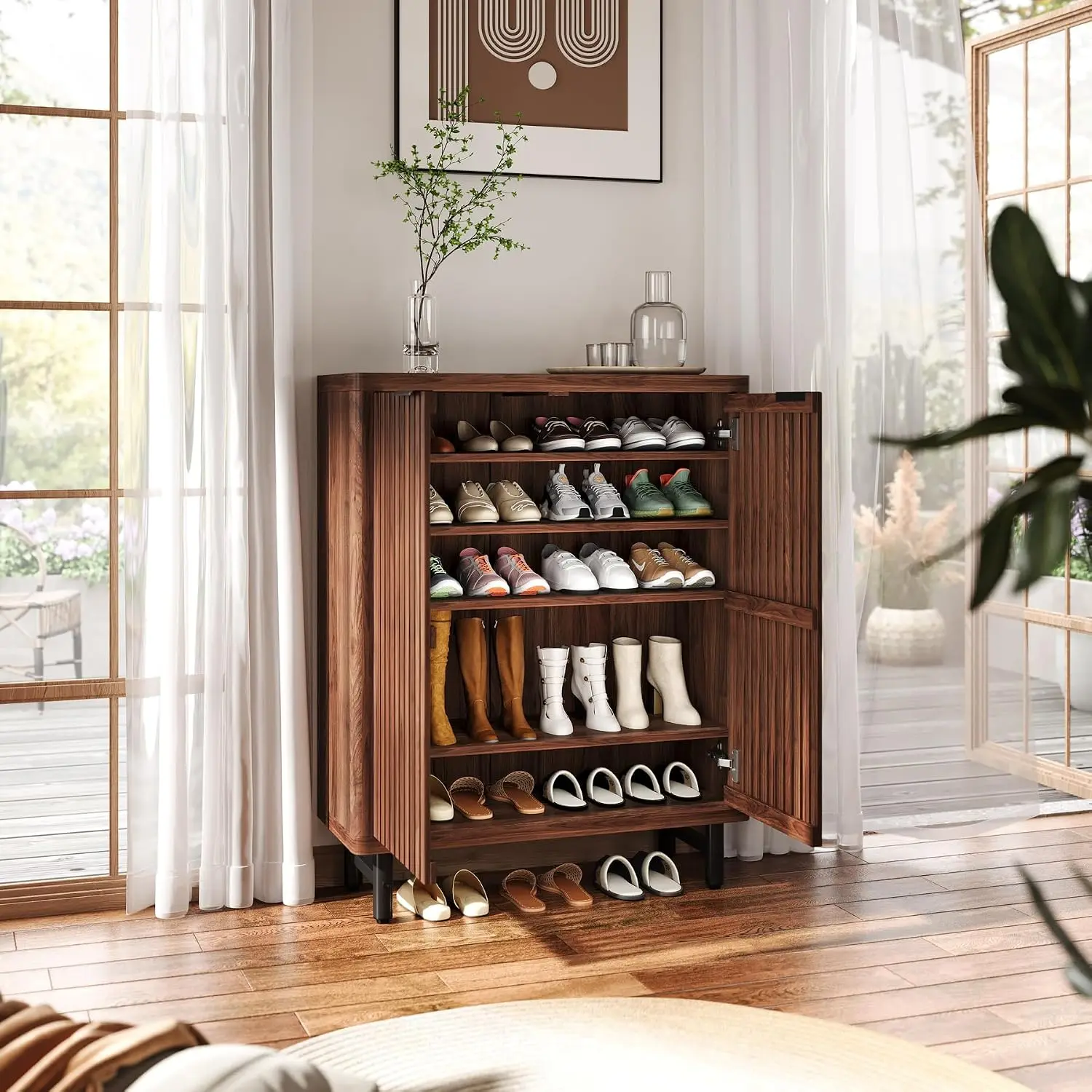 Wooden Shoe Rack with Shutter Doors for Entryway Storage, Customized