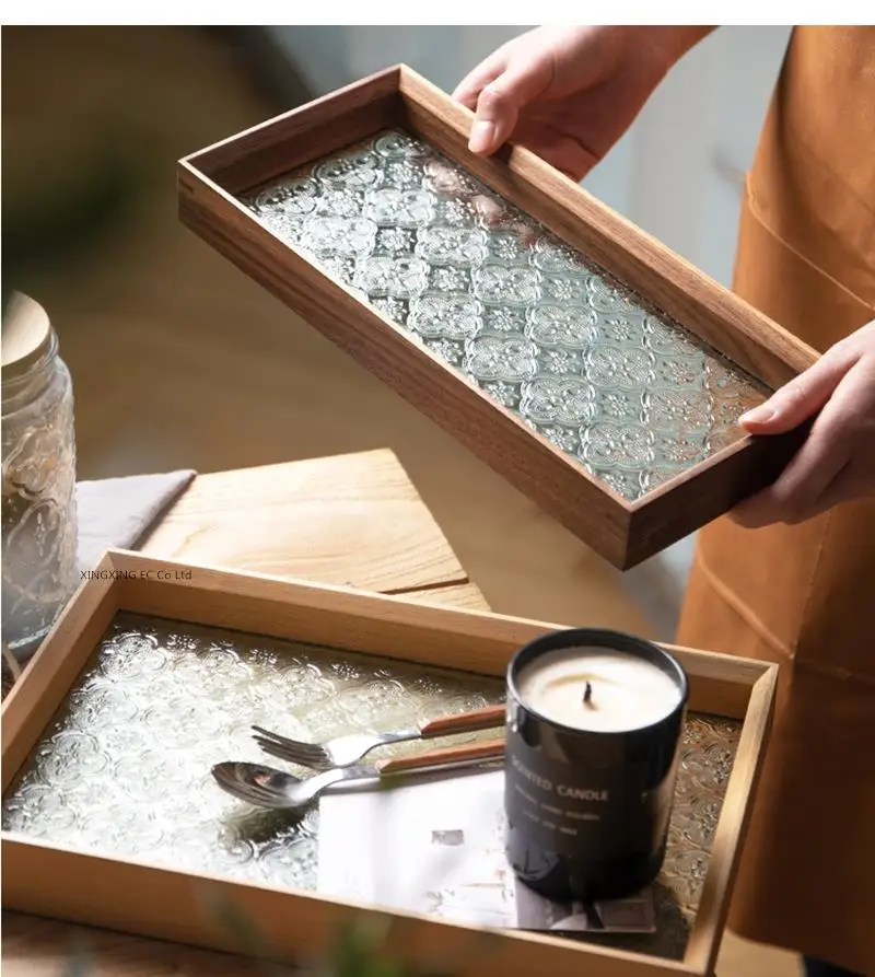 

Japanese Style Rectangular Wooden Tray, Light Luxury Glass Tray, Home Decoration Storage Tray, Living Room Coffee Table Tray