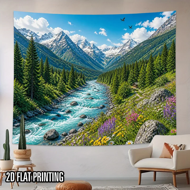 Mountain Valley Wall Tapestry,Snow Peak Pine Forest Wildflower Turquoise River Scenery for Photoshoot Studio Backdrop Home Decor