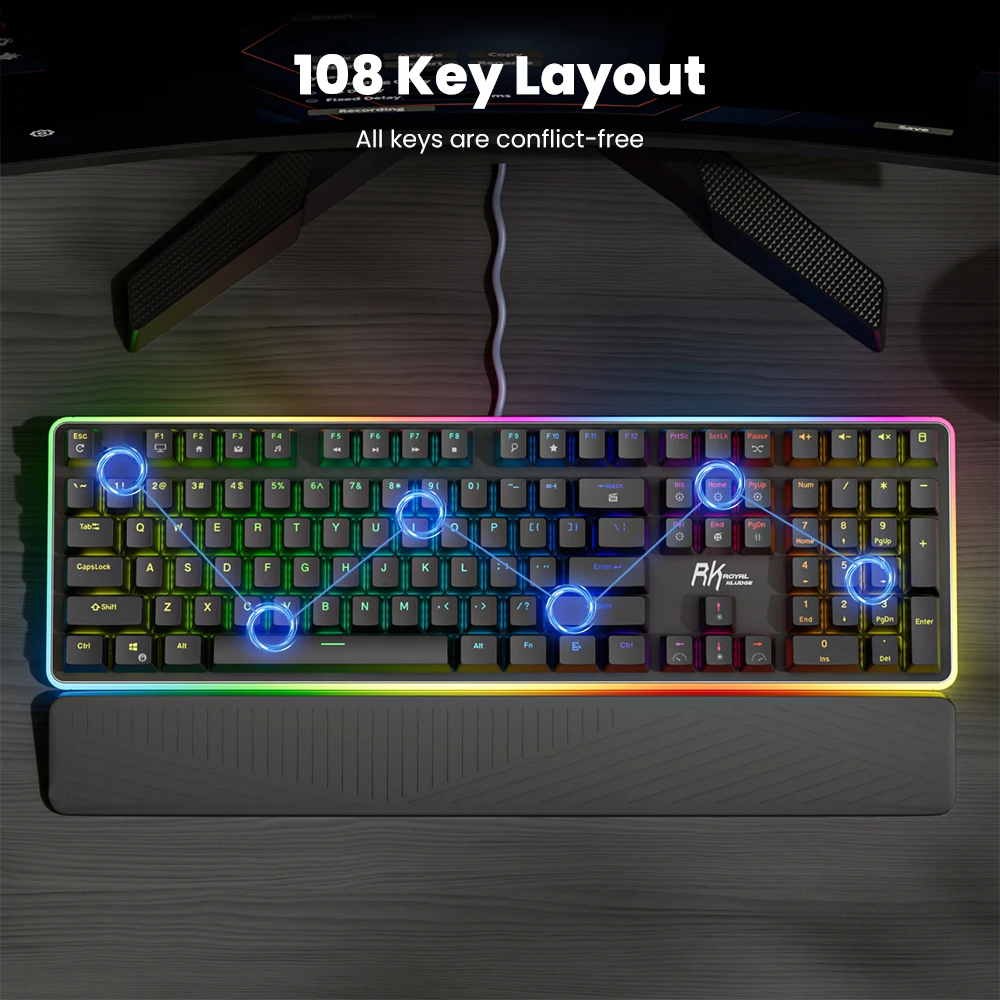 RK ROYAL KLUDGE RK918 لوحة المفاتيح الميكانيكية البرتغالية البرازيلية 108 مفاتيح RGB الخلفية لوحات مفاتيح الألعاب مع مصباح جانبي مسند اليد