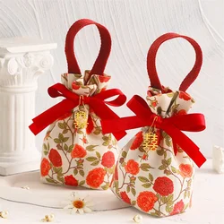 1PC Portable Party Wedding Candy Bag Canvas Gift Bag Wedding Goodie Packing Box Vintage Floral Handheld Gift Storage Bag