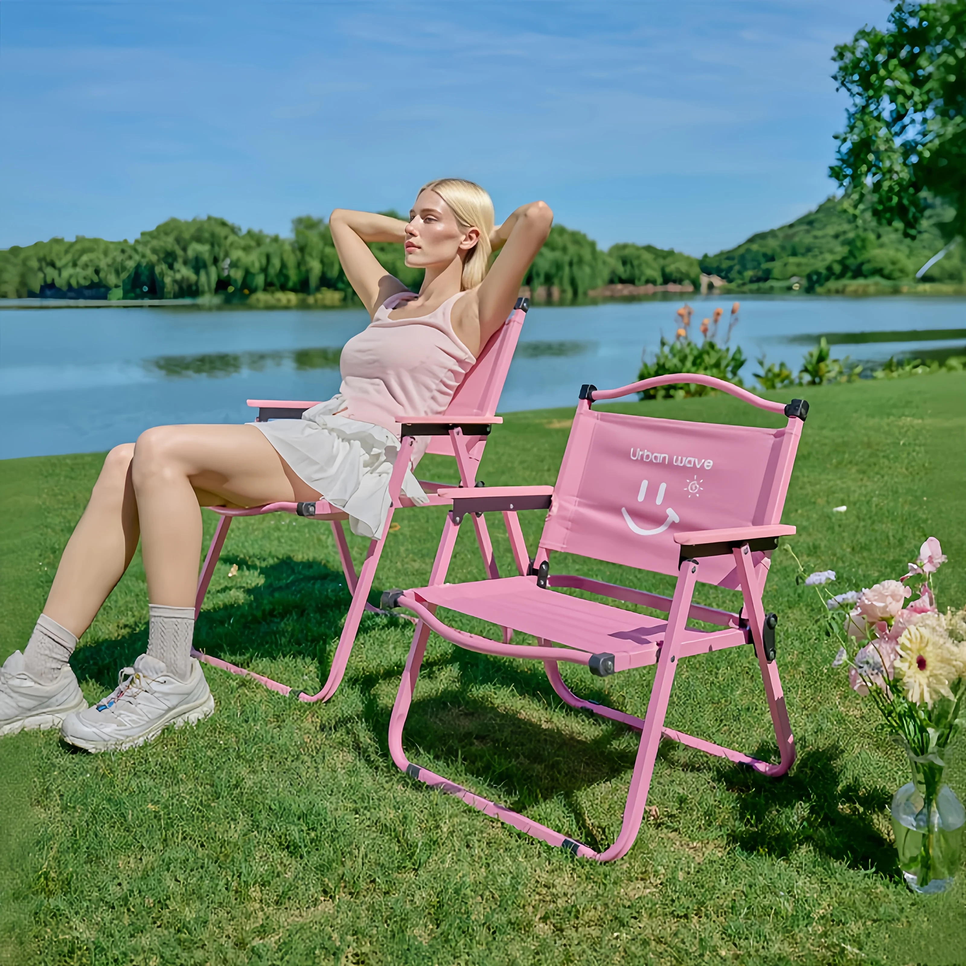 

City Wave Folding Camping Chair Pink - Heavy-duty Lightweight Portable Chair for Adults, Perfect for Outdoor Camping, Picnics,