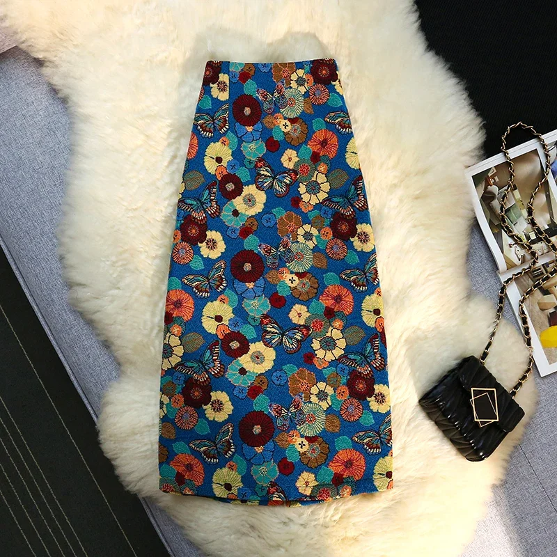 2025 Chinese Style Women Skirt Floral Butterfly Embroidery High Waist Vintage Elegance A-line Female Skirts