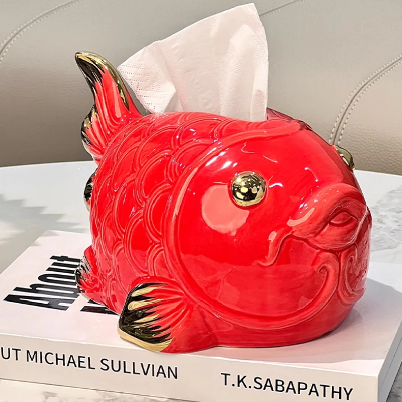 

Ceramic Red Fish Shape Tissue Box, Creative Light Luxury Napkin Box Home Living Room Bedroom Desktop Hotel Decoration, 1Pc