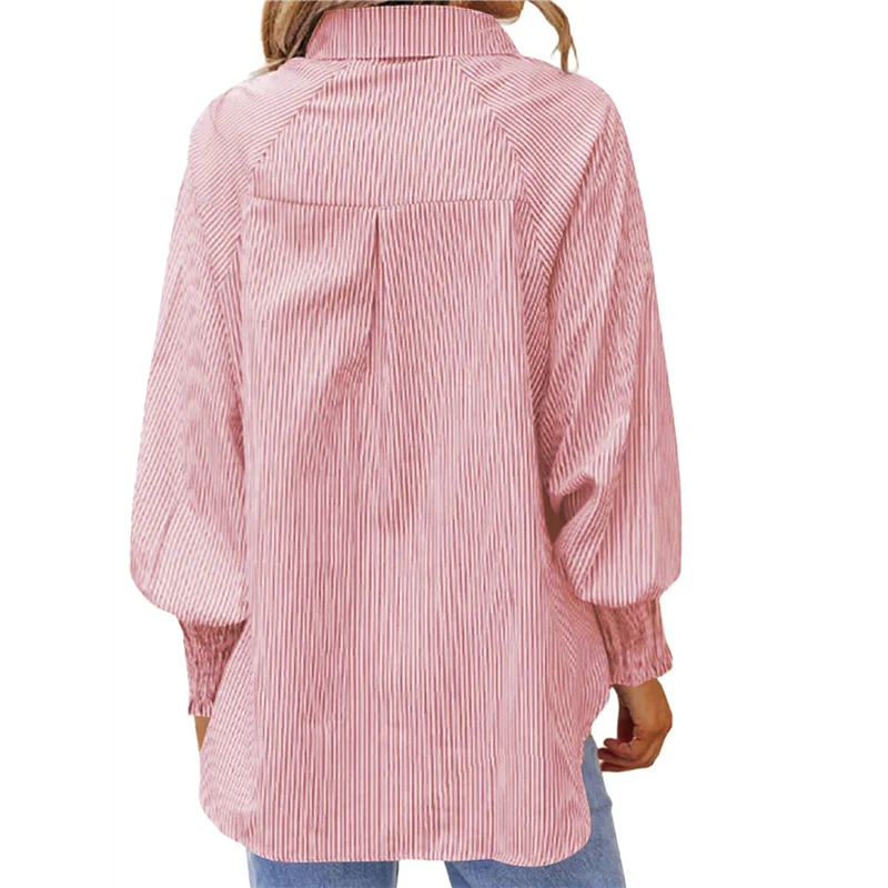 

Женская полосатая рубашка на пуговицах, блузка-бойфренд с манжетами и рюшами, повседневные топы-туники с карманами-A55G