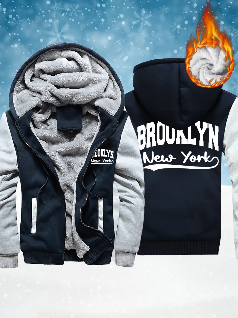 

Brooklyn New York Printing Mens Thicken Coats Winter Fleece Warm Zipper Jackets Windproof Thermal Outerwear Casual Men'S Clothes