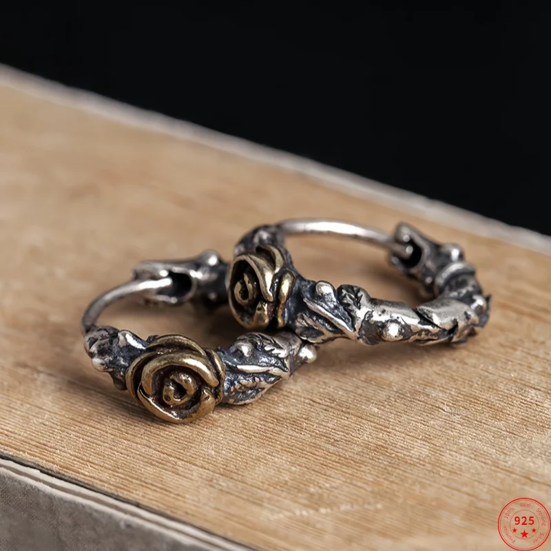 

NEW Real S925 Sterling Silver Charms Hoop Earrings for Women Men Ancient Thorns Rose Ear Hoop Punk Fashion Fine Choice Jewelry