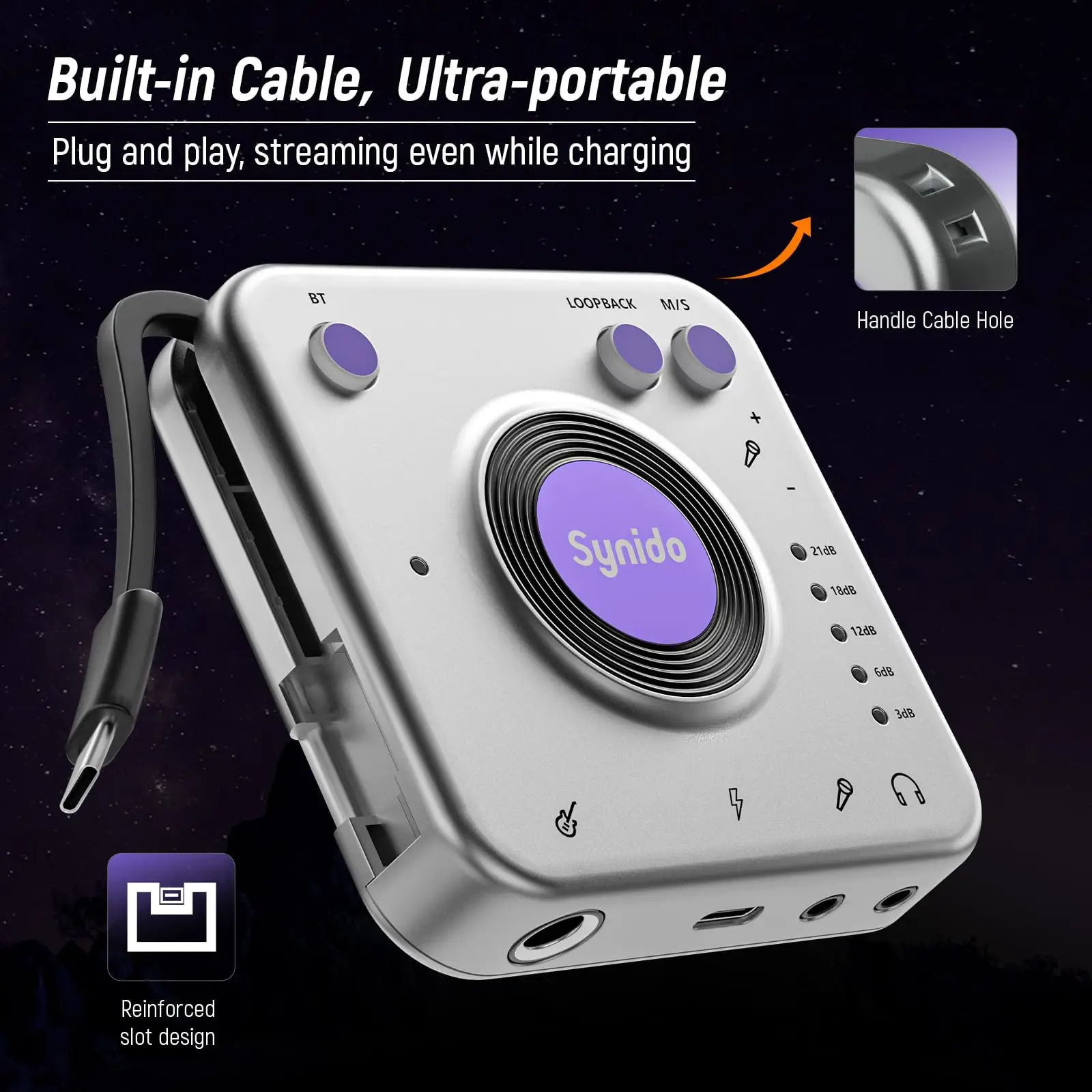 Interface audio Synido Live Dock A20 pour la diffusion en direct pendant la charge pour l'enregistrement de guitare et la musique avec contrôle du gain des instruments