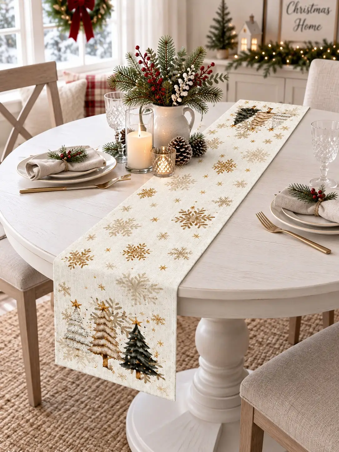 Christmas Table Runner, Gold Snowflake, Vintage Christmas Tree, Star Print, Suitable For Holiday Dinner Party, Kitchen Dining Ta