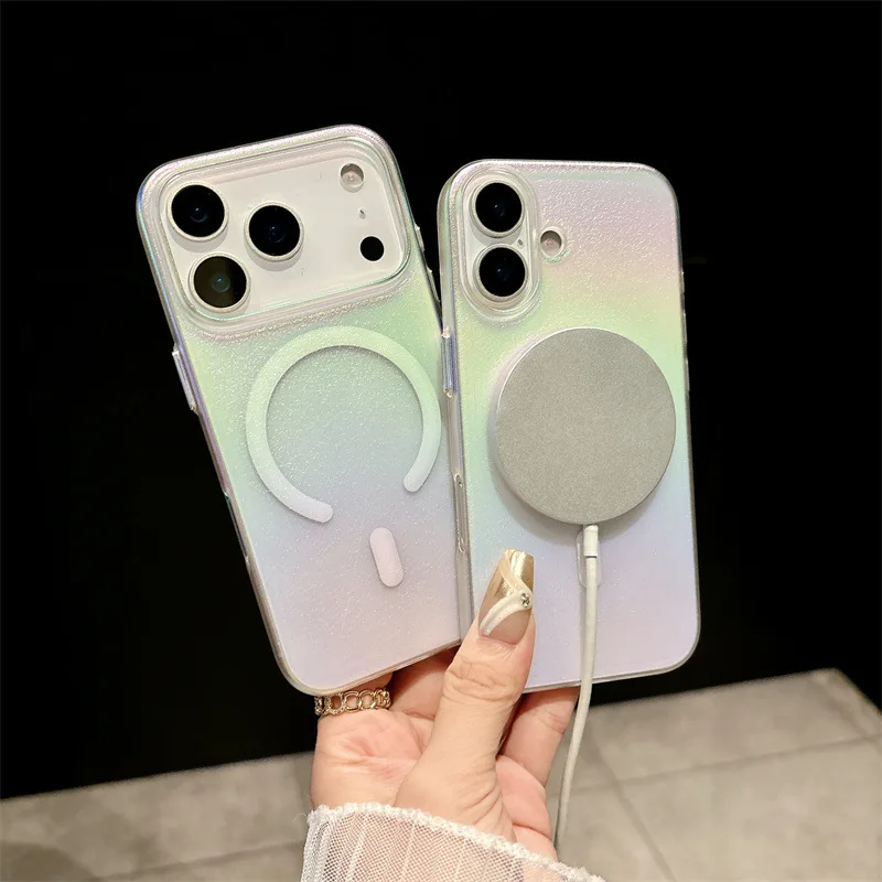 Luxuriöse glitzernde Laser-Magnet-Handyhülle für iPhone 17, Air 16, 15, 13, 14, 12, Pro Max Plus, matte, stoßfeste Hartschale