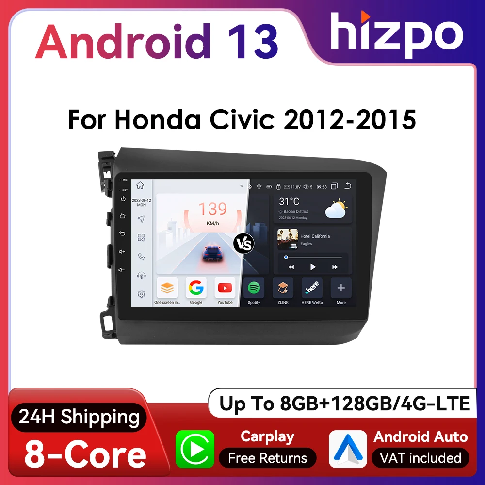 Hizpo 9inch Wireless CarPlay Android Auto Car Radio for Honda Civic 2012 - 2015 4G BT WiFi Navigation GPS RDS DSP SWC UI7862