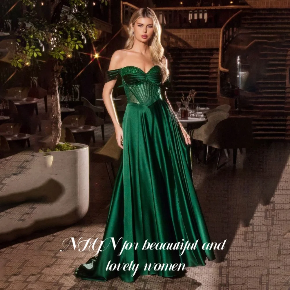 

NFYN Green Mermaid Prom Dress Sweetheart Off the Shoulder Prom Gown Stain Hollow Fishbone Sequins Pleat Evening Dress Customized