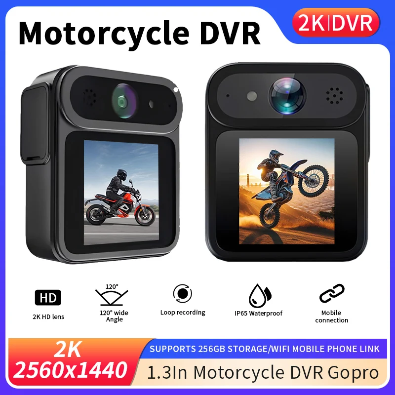 Motorcycle DVR Dash Cam WiFi 2K HD 1.3 Inch Screen Loop Recording Mobile Connection Waterproof Driving Recorder