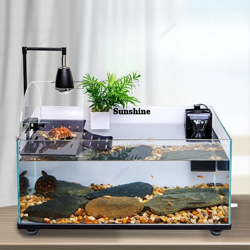 Extra Large Turtle Aquarium with Basking Area, Ultra Clear Glass Bottom Drainage System, Deep Water Fish & Turtle Tank