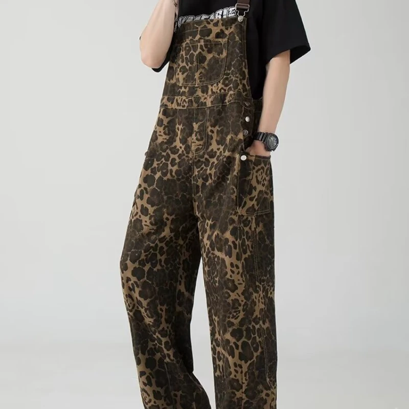 2024 Spring New Leopard Pattern Sling Pants Men American Retro Street Wide Leg Couple Jumpsuit Big Pocket Buttons Camisole Pants