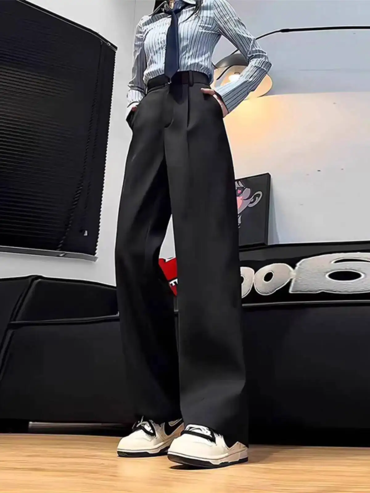 

Casual Straight Wide-leg Pants For Women 2024 Spring New High-waist Drapey Floor-length Trousers Female