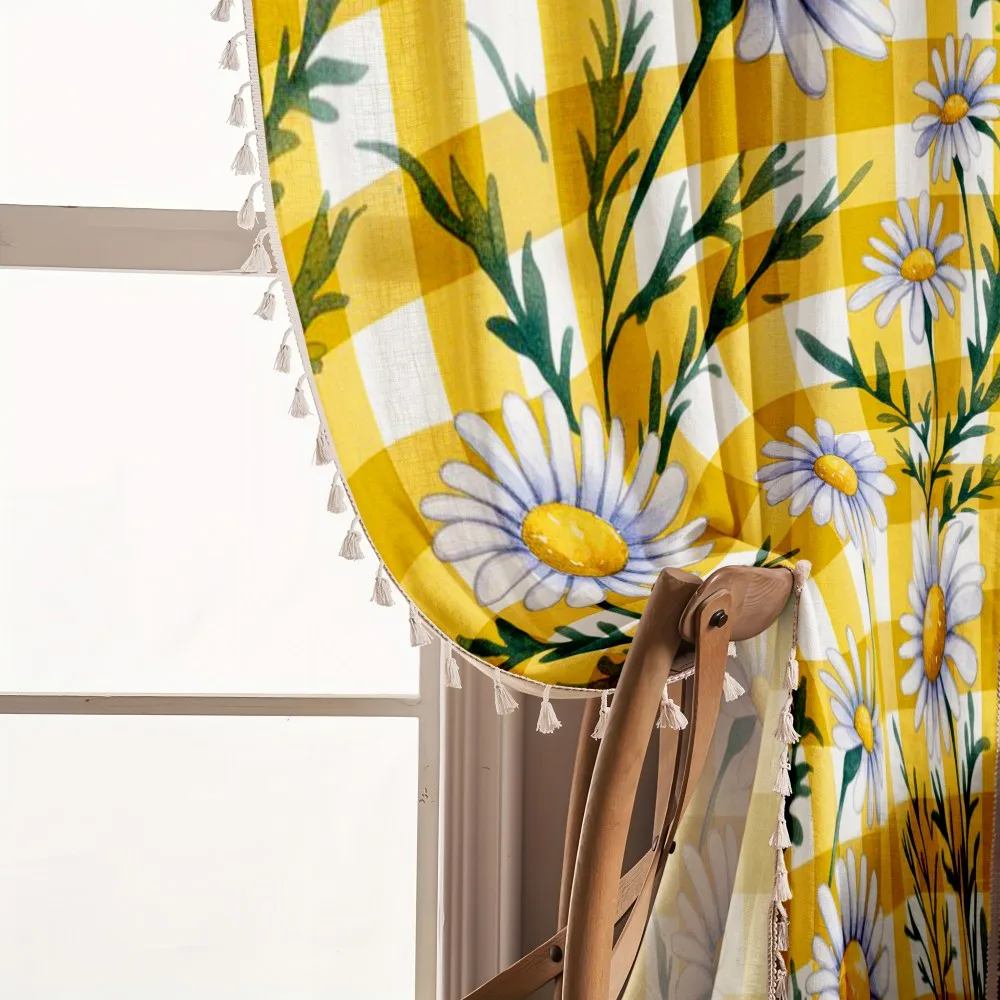 1PC Pastoral Tassel Sheer Curtains, Yellow Plaid Daisy Flower, Digital Print, Linen Polyester, Bedroom Living Room Home Decor
