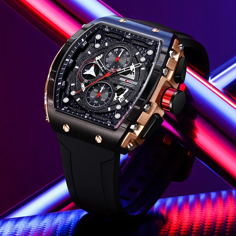 AOCASDIY Brand Watch Track Sports Wind Wine Barrel Fashion Fox Mirror Hollow-out Men\'s Multi-Functional Quartz Waterproof Watch