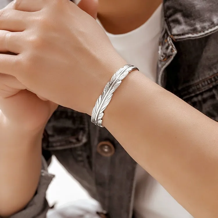 New Creative Ethnic Style Retro Feather Bracelets 925 Sterling Silver Jewelry Fashion Leaf Exquisite Opening Bangles TYB129