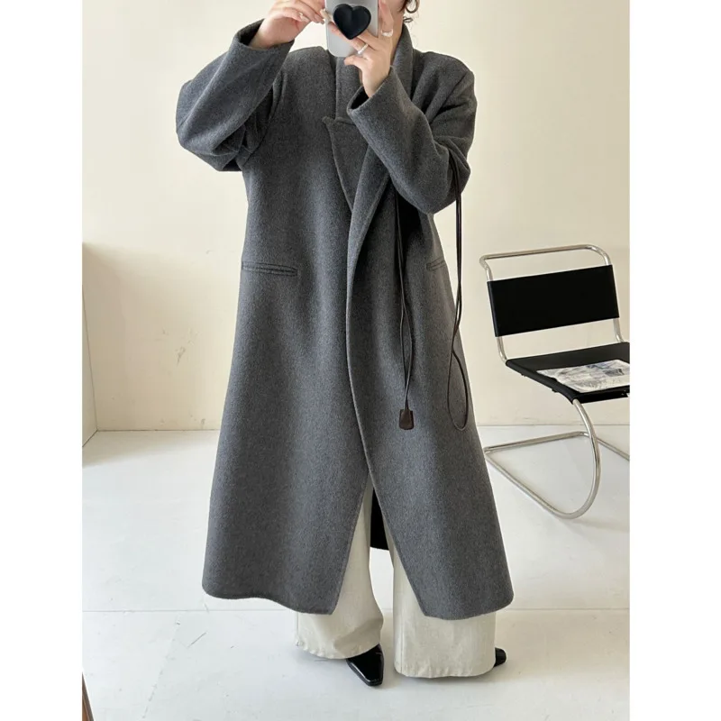EAEOVNI 기품 있는 100% 울 롱코트 여성 패션 솔리드 컬러 레이스업 디자인 오피스 레이디 재킷 2025 가을 겨울 신상