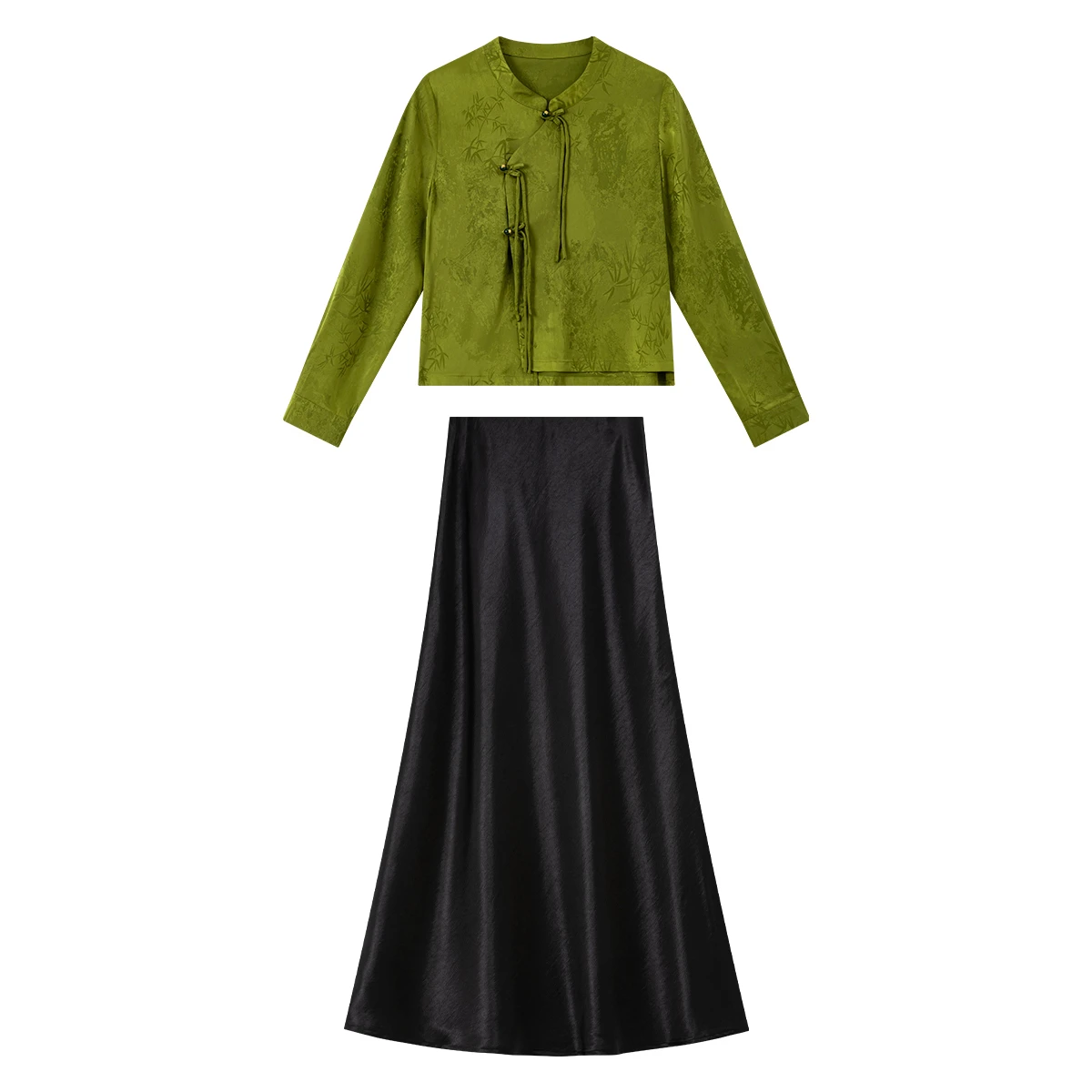 VIMLY New Chinese Style Two-piece Set for Women 2026 Autumn Long Sleeve Top Satin Midi Long Skirt Fashion Elegant Outfit 31785