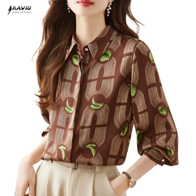 NAVIU Spring Summer Fall Vintage Horse Print Turn-down Collar Long Sleeve Blouse Women Ladies Casual Party Workwear Top Shirt