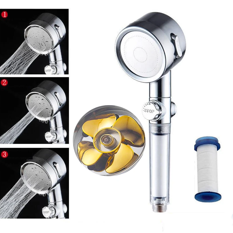 Turbocharged Filter Shower Head 3 Mode Flow Adjust With Small Fan High Pressure Spray Nozzle Rain Water Saving Shower