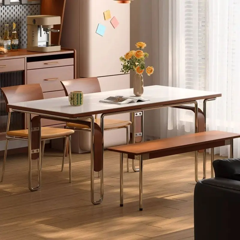 

Medieval rock slab solid wood dining table rectangular Nordic stainless steel Bauhaus retro furniture small apartment dining
