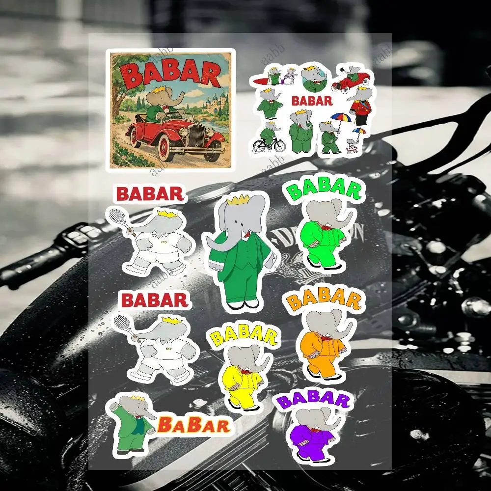 Babar The E-Elephant Cartoon Motorcycle Sticker Set Reflective Decals For Helmet Fuel Tank Fairing Body Custom Bike Graphics Kit