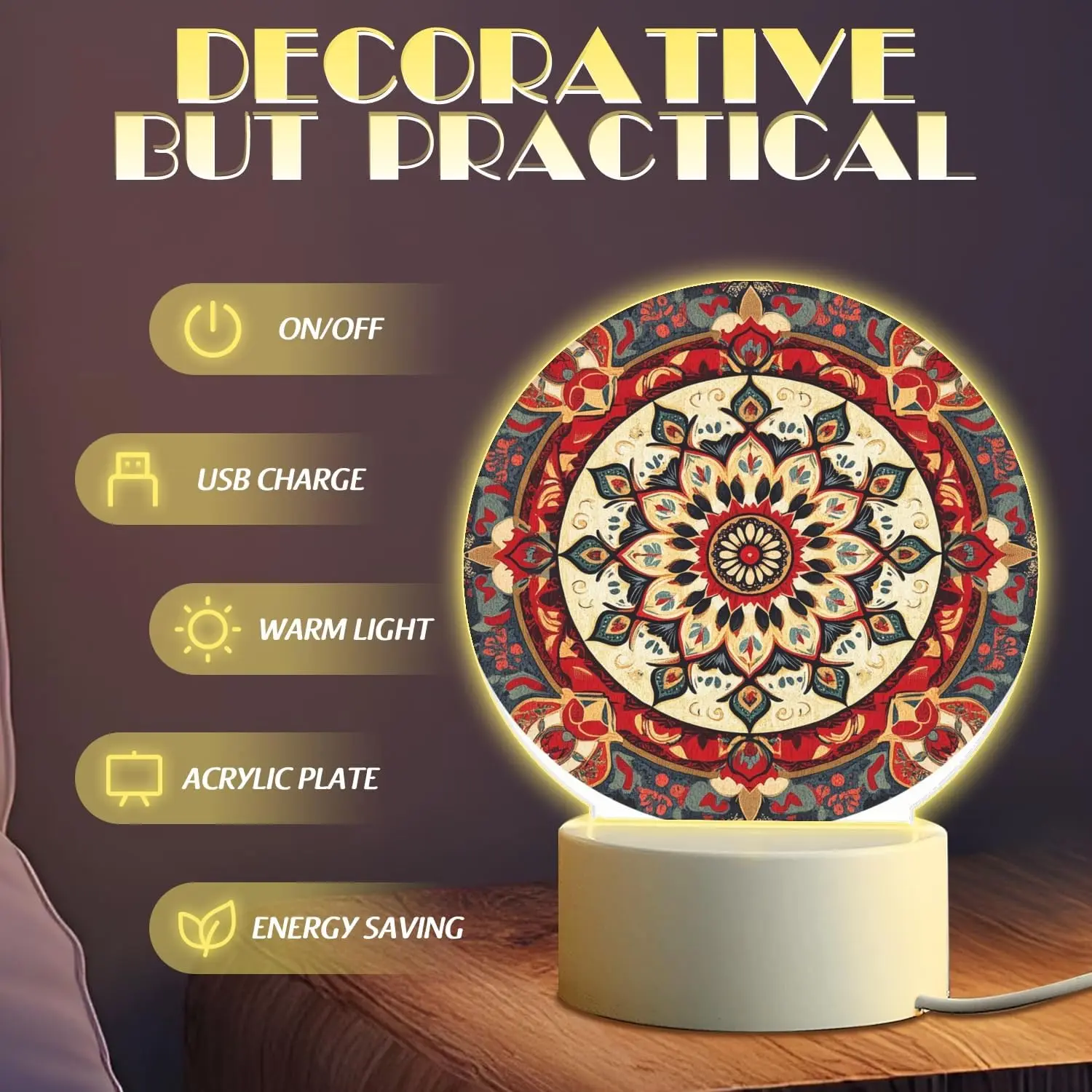 Round Acrylic Touch Bedside Night Light, Round Symmetrical Decorative Pattern Printed LED Night Lamp with USB Plug for Room Decor