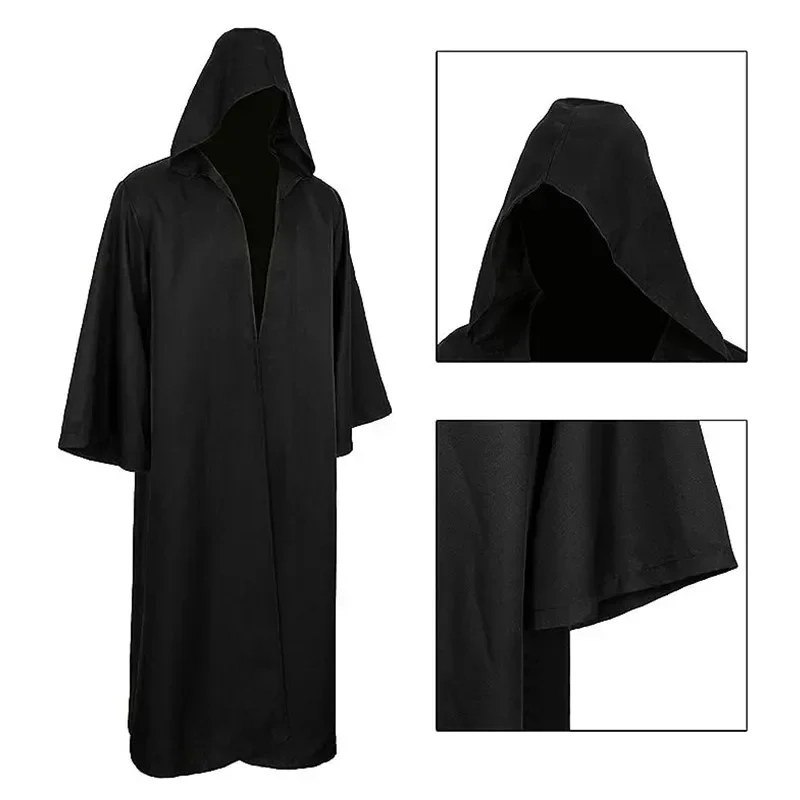 Black Cape Cloak Warrior Costume for Adults Vampire Sorcerer Long Shirt Hooded Ghost of Horror Halloween Christmas Costume Cape view 2