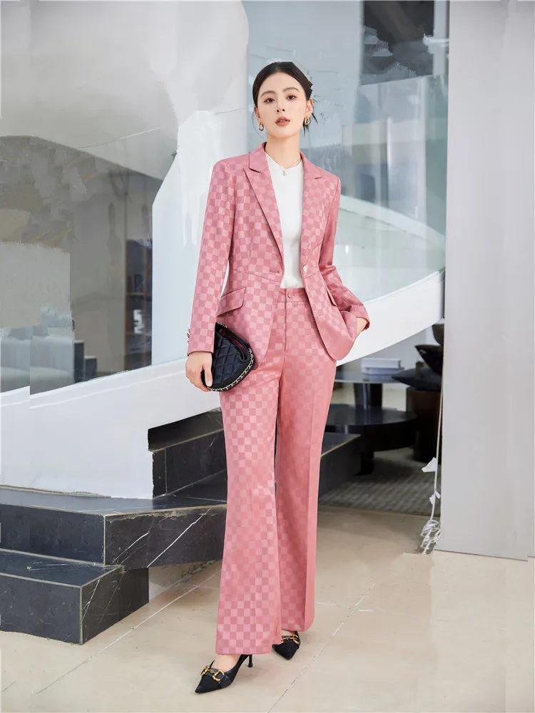 Blazer e pantaloni a maniche lunghe da donna completi da ufficio completi da donna pantaloni a quadri rosa abbigliamento da lavoro autunno nuova