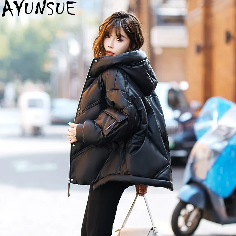 AYUNSUE Real Leather Jacket Women Winter New Fashion Loose Down Coats Hooded Versatile Genuine Sheepskin Coat Roupas Femininas