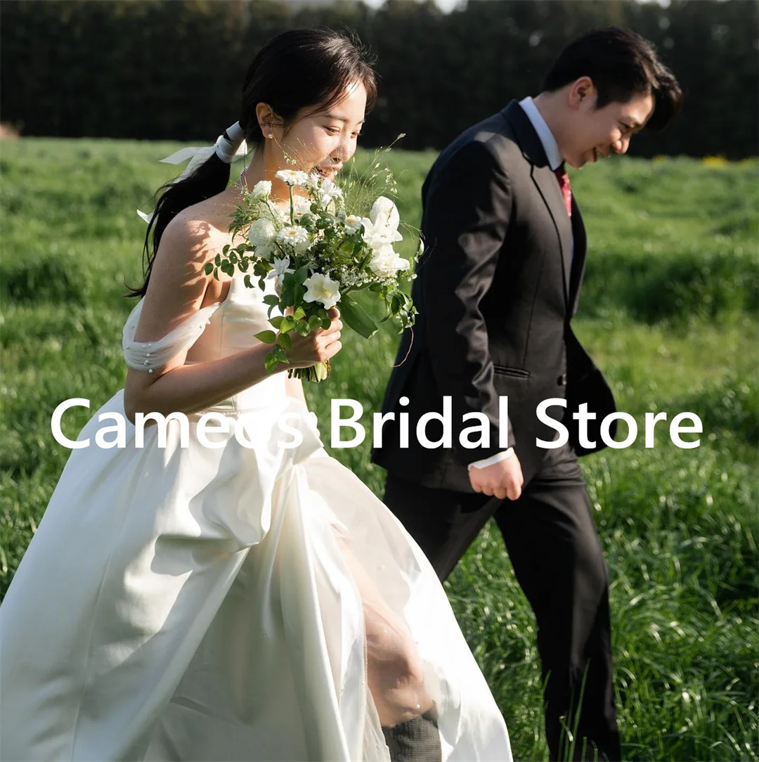 

2023 Off Shoulder Pearls Korea Bride Dresses Backless 웨딩드레스 Wedding Dress A-Line Evening Dress Ivory Bridal Gown