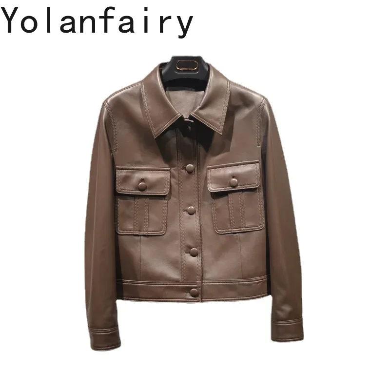 

YOLANFAIRY Women Suit Clothing Spring Genuine Leather Jacket Female Top Grade Coffee Casual Short Coat Femme Motorcycle Chaqueta