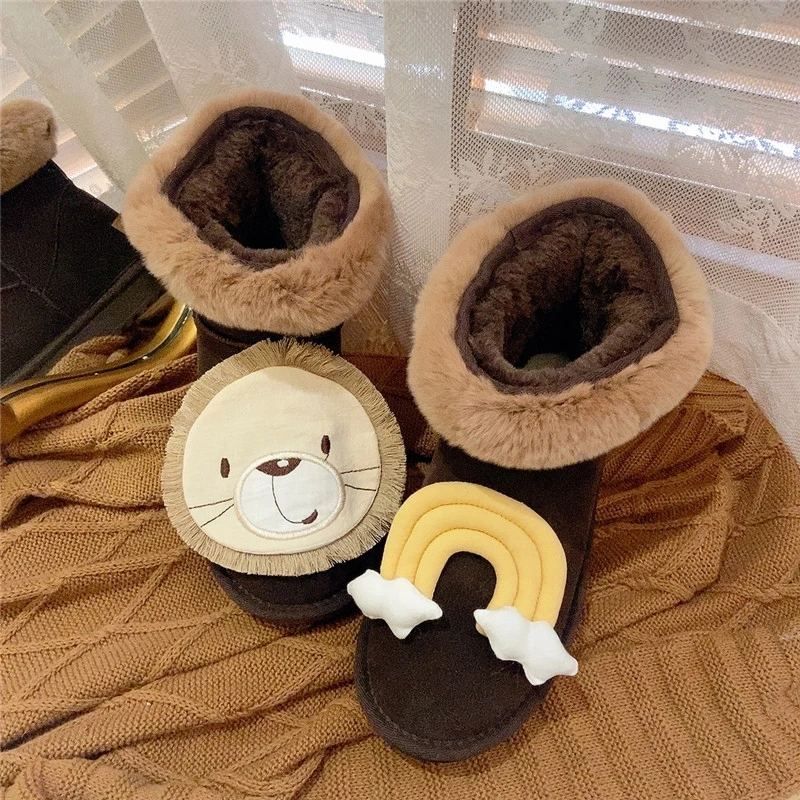 Kawaii Cartoon Patch Women Flat Winter Boots with Thicken Plush Fur Ankle Booties Snow Shoes Outdoor Casual Cotton Shoes Female