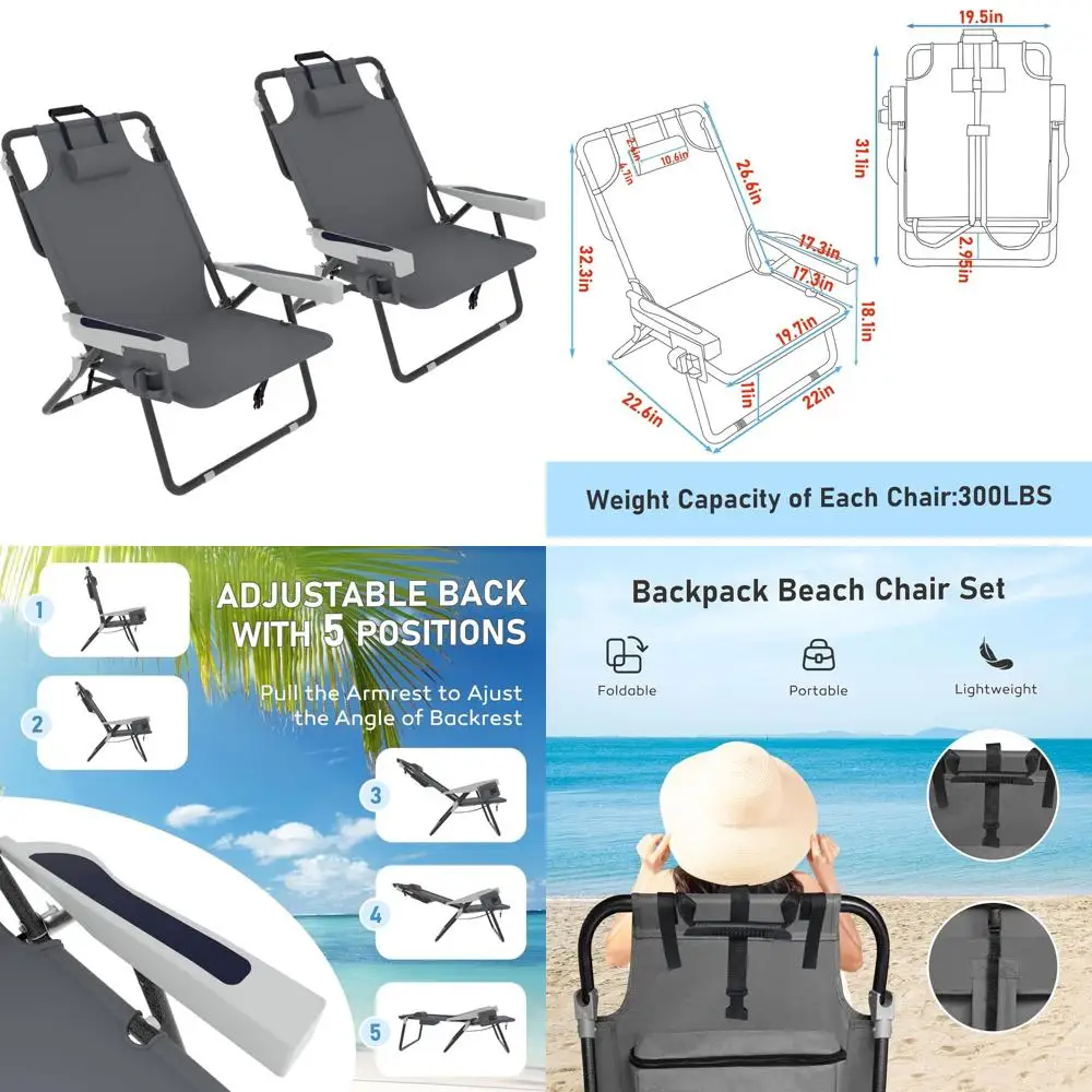 

Heavy-Duty Foldable Outdoor Chaise Lounge Chairs, 2-Pack Adult Beach Patio Chairs with Detachable Pocket, Portable for Relaxatio