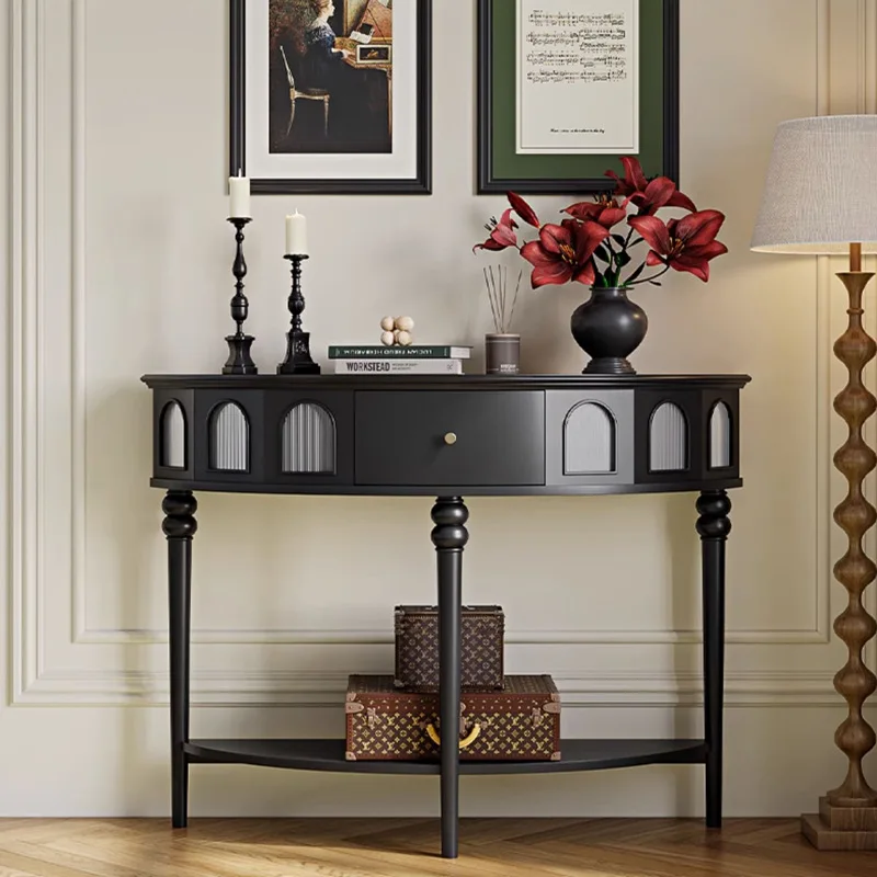 

Semi-circular console table entrance black French entrance cabinet vintage solid wood American light luxury storage glass foyer