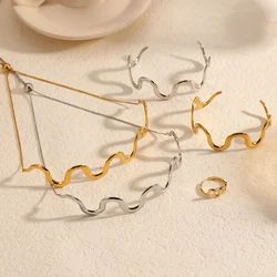 Simple Fashion Stainless Steel Wave Choker Necklace Rings SET 18K Gold Color PVD Plated Popular Metal Distinctive Jewelry