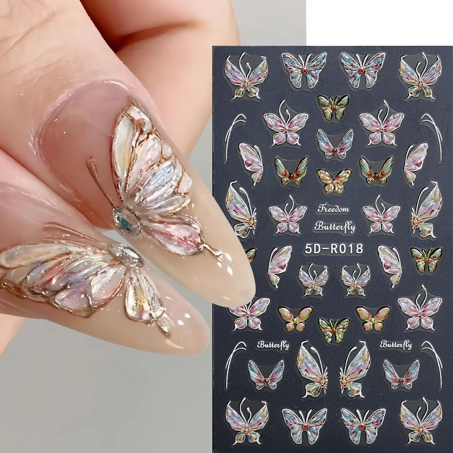 5D Winter Butterfly Nail Stickers Relief Color Butterfly Glitter Design Nail Art Decor Decals Butterfly Fairy Manicure LE5D-R018