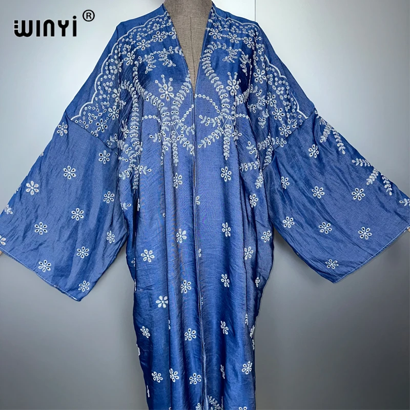 WINYI bestickte Denim-Hohlstrickjacke für Damen, Mantel, langes Kleid, elegante Party, Boho, Maxi, Strand, Urlaub, Schwimmen, Vertuschung, Kimono