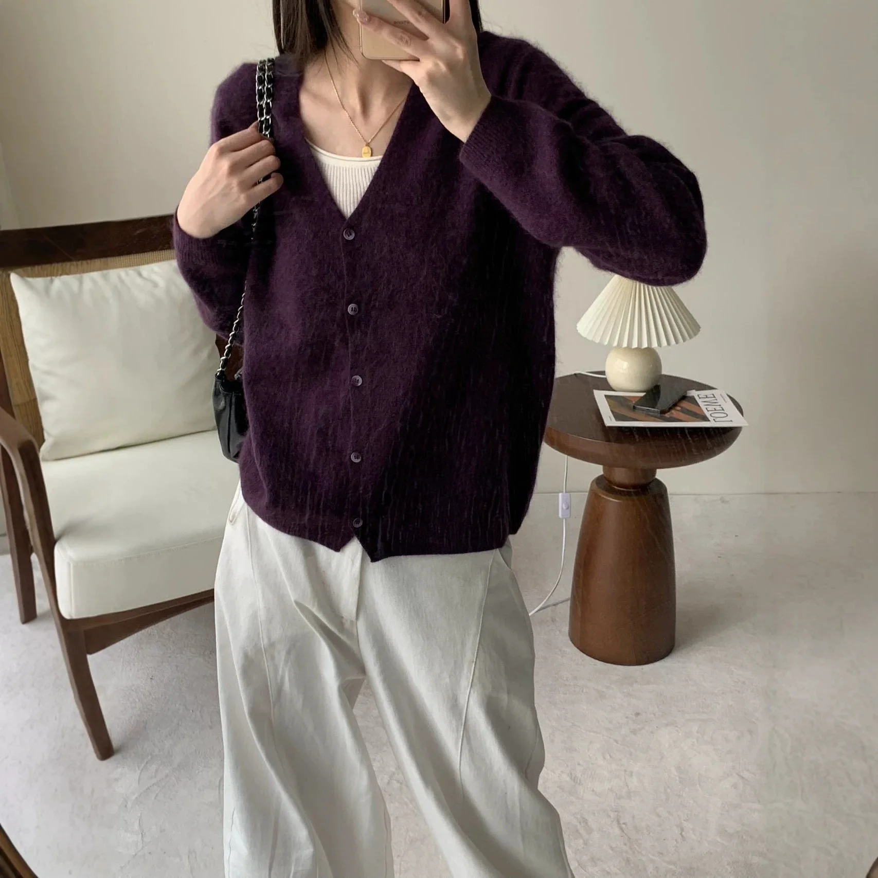 Cross-border 2026 autumn and winter new mulberry silk cashmere brushed v-neck cardigan 26-ply brushed sweater
