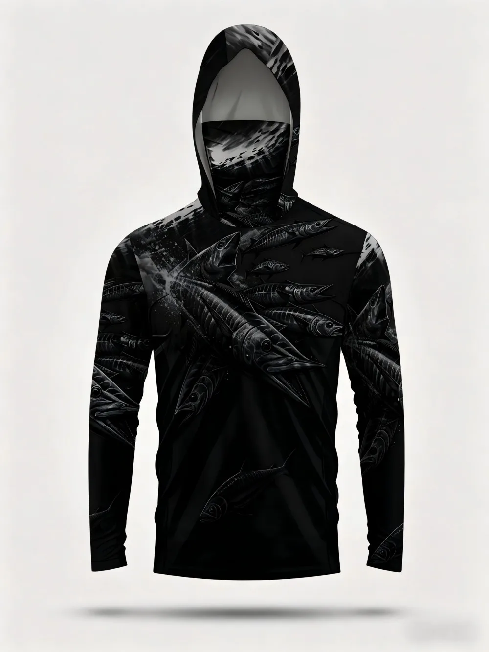 Men's summer fashion fish school print comfortable breathable hooded fishing suit long sleeved T-shirt outdoor casual top view 3