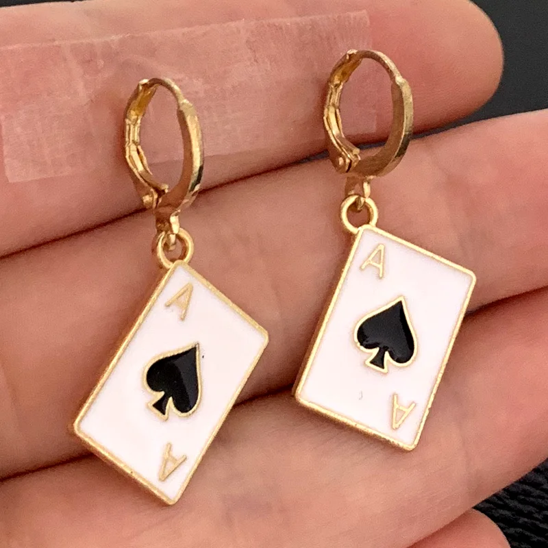 Creative Poker Ace earrings heart-shaped spade card asymmetrical mini man earrings women girl jewelry unique design