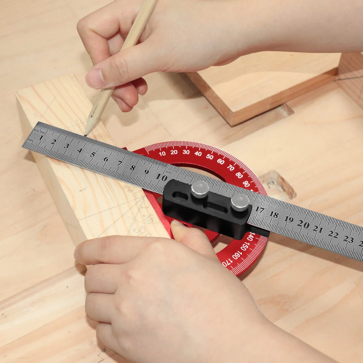Combination Semi-circular Ruler Clip - Precision 0°-180°Angle Finder, Detachable, Multifunctional Woodworking Fixtures Tools