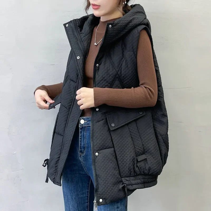 

2023 New Autumn Winter Women's Vest Jacket Down Cotton Vest All-match Hooded Sleeveless Loose Female Waistcoat Outwear Tops