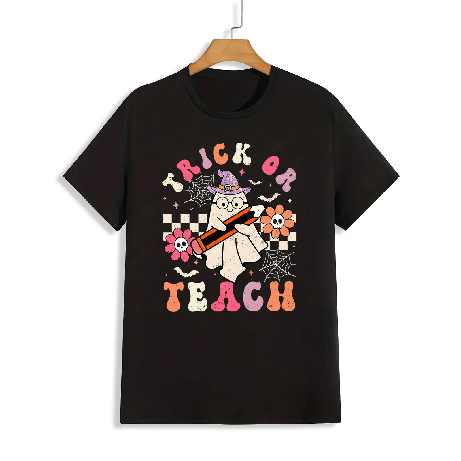 

Trick Or Teach Groovy Teacher Halloween Retro Floral Ghost T shirt HLW17