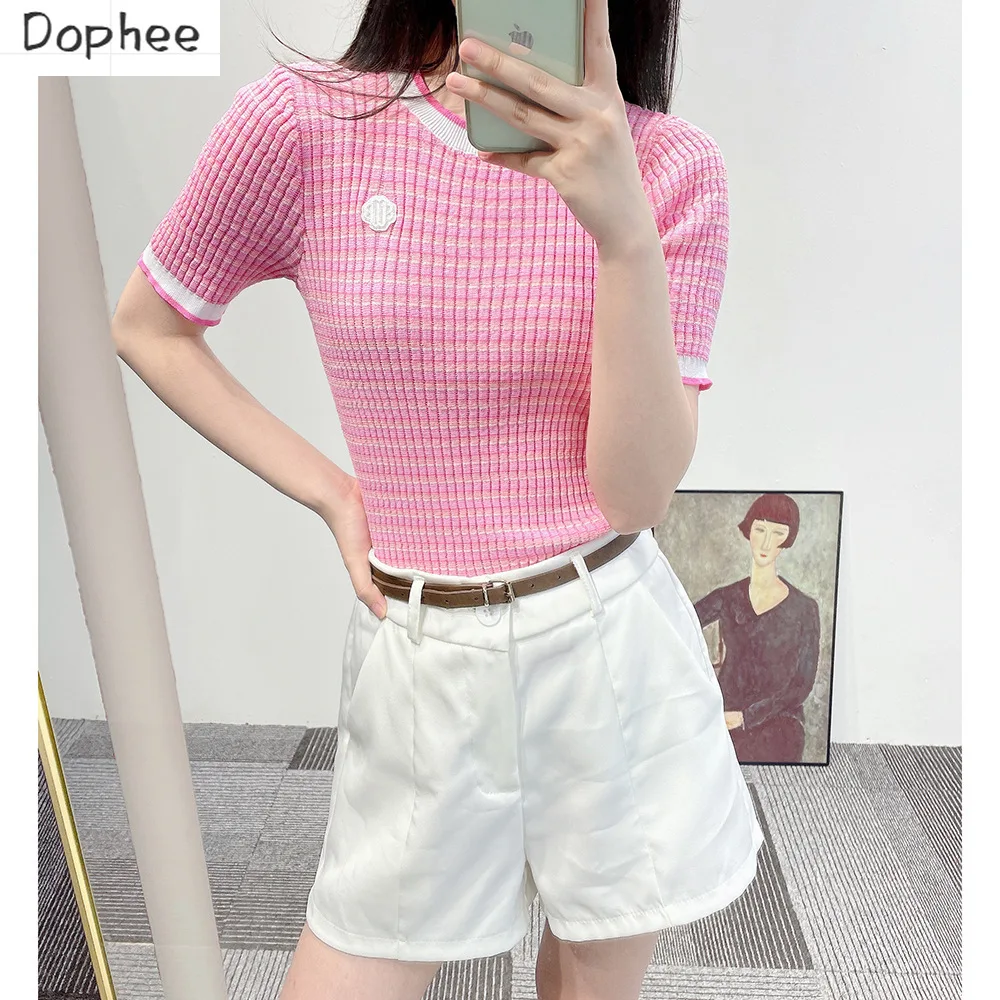 

High Quality Summer Women Short Sleeve T-shirt Cute Age Reduction Slimming Bottoming Top O-neck Lady Pink Knitting Tshirts